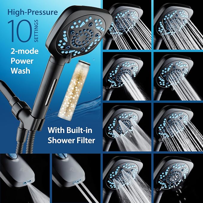 AquaCare High Pressure 10 Spray Mode Filtered Showerhead - Handheld Shower Head Filters Chlorine to Heal Dry Skin, Revive Hair - Dual Power Wash Cleans Tub, Tile, Pets - Hard Water Softener, Black