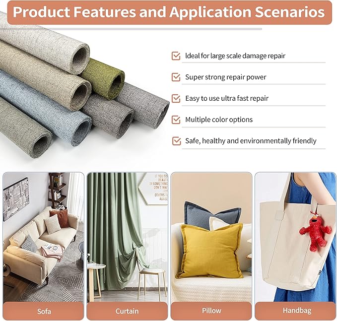 Fine Linen Fabric Patches, Self-Adhesive, Extra Large 12x40 inch, Multi Color, for Sofa & Clothes Repair (Dark Grey)