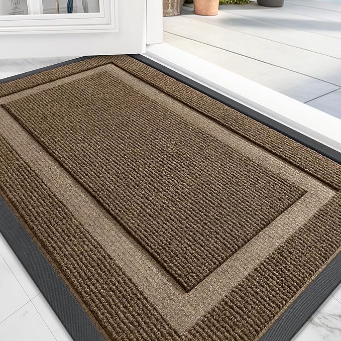 OLANLY Front Door Mat Indoor Outdoor Entrance, Waterproof All-Season, All-Weather Doormat, Sturdy Natural Rubber, Fade Resistant, Low Profile, Easy Clean Patio Porch Entryway Mat, 59x23, Brown