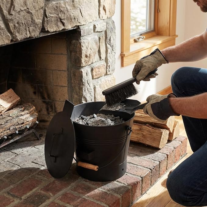 Pure Garden Ash Bucket with Lid, Broom, and Shovel, Black, 11”x12.2”x11” | 2.11-Gallon Metal Bucket for Fireplace or Firepit Ashes, Fireplace Tools