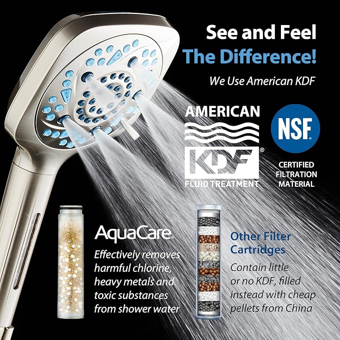 AquaCare 82-Mode High Pressure 6-way Combo with Filter & 2-mode Power Wash | Filters Chlorine & Toxins, Softens Hard Water for Healthy Skin & Hair. Handheld Shower Head Cleans Tub, Tile & Pets / Nickel