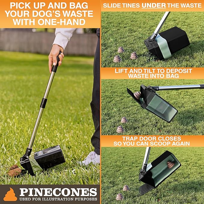 Neater Pet Brands Lift N’ Bag 2.0 Dog Pooper Scooper with Bag Attachment & 31" Pole for Small to Large Dogs, New Longer Pole, 15 Refill Bags, Heavy Duty Dog Poop Scooper for Yard, One-Hand Use