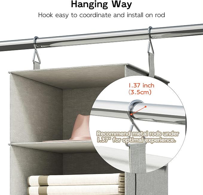 2 Pack 3-Shelf Hanging Closet Organizer with 2 Drawers, Silver Gray | Two Hanging Organizers with Fabric Drawers, Space-Saving Closet Storage for Clothes, Baby Items, Nursery and Dorm Rooms