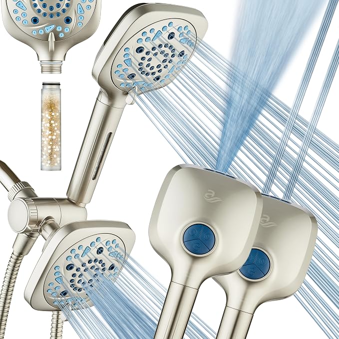 AquaCare 82-Mode High Pressure 6-way Combo with Filter & 2-mode Power Wash | Filters Chlorine & Toxins, Softens Hard Water for Healthy Skin & Hair. Handheld Shower Head Cleans Tub, Tile & Pets / Nickel