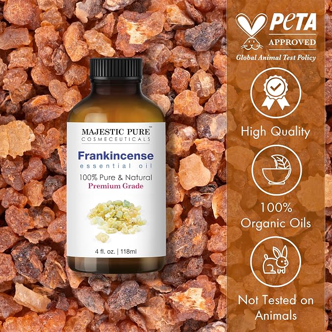 Majestic Pure Frankincense Essential Oil for Diffuser - 4 Fl Oz | 100% Natural Essentials Oils Ideal for Humidifier, Air Freshening, Cleaning Home, Bath, Steam Inhalation and Massage