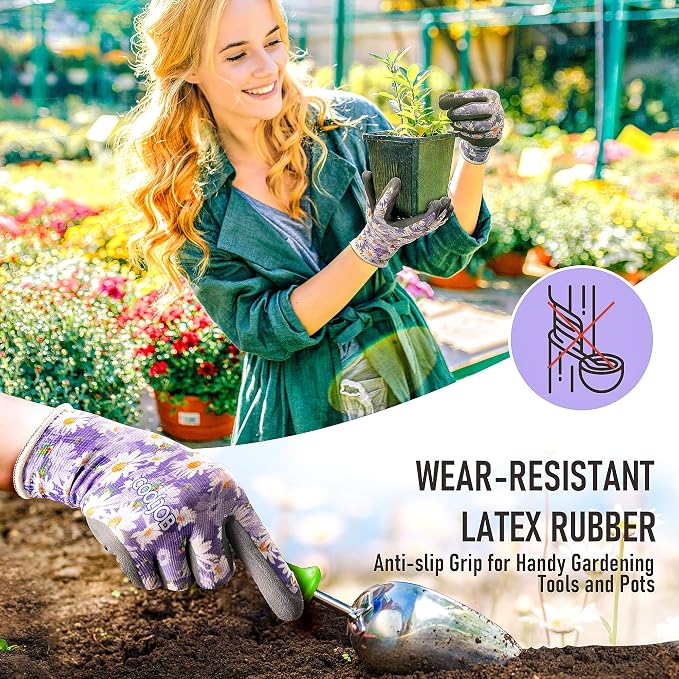 COOLJOB 2 Pairs Gardening Gloves for Women Ladies, Breathable Rubber Coated for Yard Garden, Outdoor Indoor Protective Work, Medium, Floral Pattern