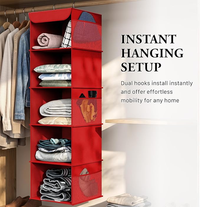 Simple Houseware 5 Shelf Hanging Closet Organizer, Red | 360° Rotating Dual Hooks, Top Support Metal Frame, 6 Side Mesh Pockets
