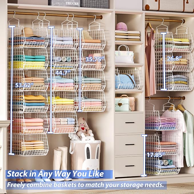 6 Tier Extended Depth Hanging Closet Organizer, Closet Storage Hanging Shelves with Hanging Hooks for Clothes Sweaters Towels Handbags, Stackable Metal Mesh Bins For Closet, Laundry, Bathroom, Dorm