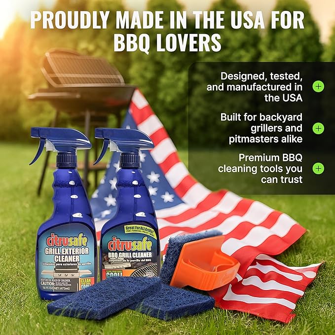Grill Care Kit - BBQ Grid and Grill Grate Cleanser, Exterior Cleaner, and Scrubber by Citrusafe (16 oz Each)