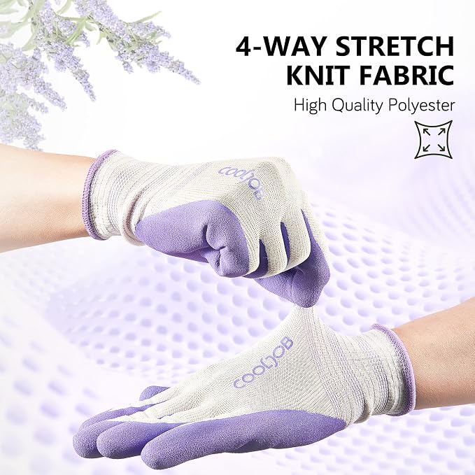 COOLJOB 6 Pairs Gardening Gloves for Women Ladies, Breathable Rubber Coated for Yard Garden, Outdoor Indoor Protective Work, Medium Size, Lavender Purple & Apple Green