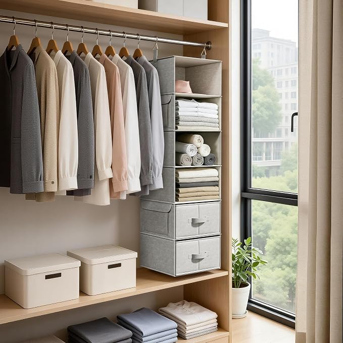 6-Shelf Hanging Closet Organizer with 3 Fabric Drawers, Silver Gray | Removable Fabric Drawers, Side Pockets, Reinforced Structure, Space-Saving Storage for Clothes, Nursery and Dorm Rooms
