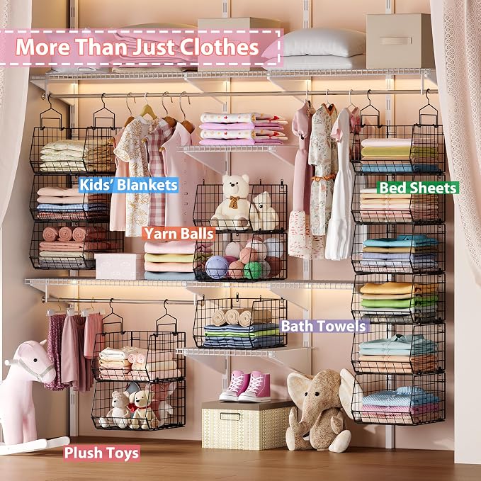 6-Tier Extended Depth Hanging Closet Organizers and Storage for Closet Organization, Stackable Hanging Shelves with Hooks for Clothes Sweaters Towels Purses, Fits Closet Shelves & Wire Metal Shelving