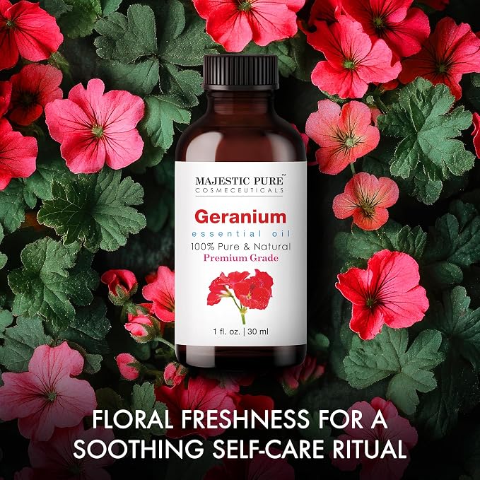 Majestic Pure Essential Oil with Glass Dropper - 100% Pure and Natural - Essential Oils for Diffuser, Aromatherapy, Soap and Candle Making, Geranium Essential Oil, Geranium Oil, 1 Fl Oz (Pack of 2)
