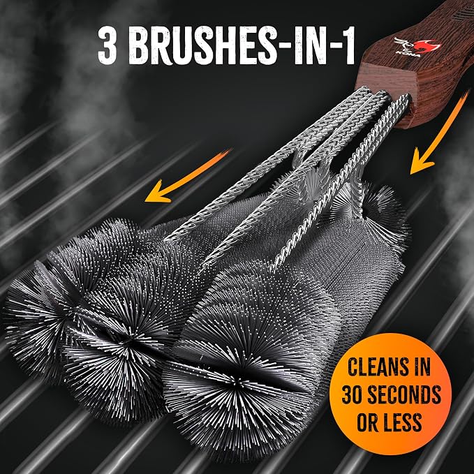 Kona 360 Clean Grill Brush - 18 inch Best BBQ Grill Brush - Wood Grain Designer Handle - Stainless Steel 3-in-1 Grill Cleaner Provides Effortless Cleaning