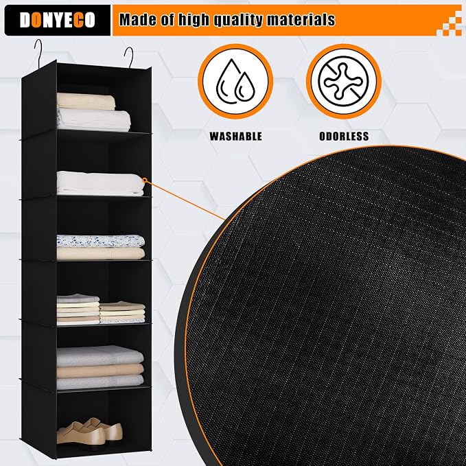 Hanging Closet Organizer 6-Shelf, Oxford Fabric Wardrobe Storage, Black | Easy-mount foldable design holds clothes, handbags, shoes & accessories; washable Oxford fabric, sturdy and space-saving.