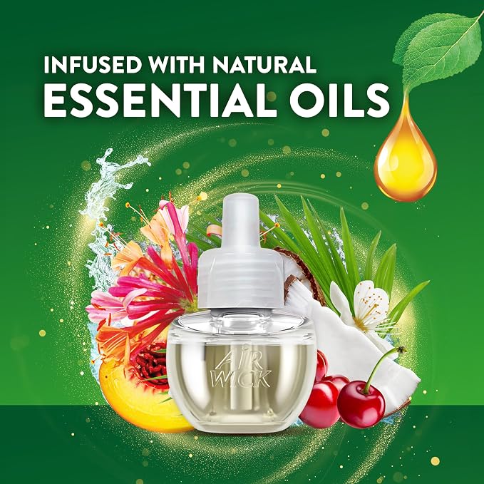 Air Wick Plug-In Scented Oil Refills, 4 Count Multipack, Lush Honeysuckle, Calming Sea Spray, Paradise Retreats, and Sweet Peach, Air Freshener, Essential Oils