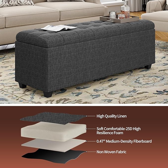 Ottoman with Storage 38 inches, Furniture End of Bed Storage Benches, Long Ottomans Bench with hinged lid, Bench seat Trunk for Foot Rest in Bedroom, Living Room (Dark Grey)