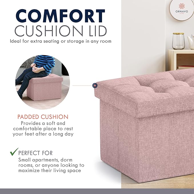 Ornavo Home Small Storage Ottoman Foldable Collapsible Rectangle Linen Ottoman Foot Rest Stool Seat, for Living Room, Bedroom, Home Office, Dorm - 12 x 16 x 12, Pink