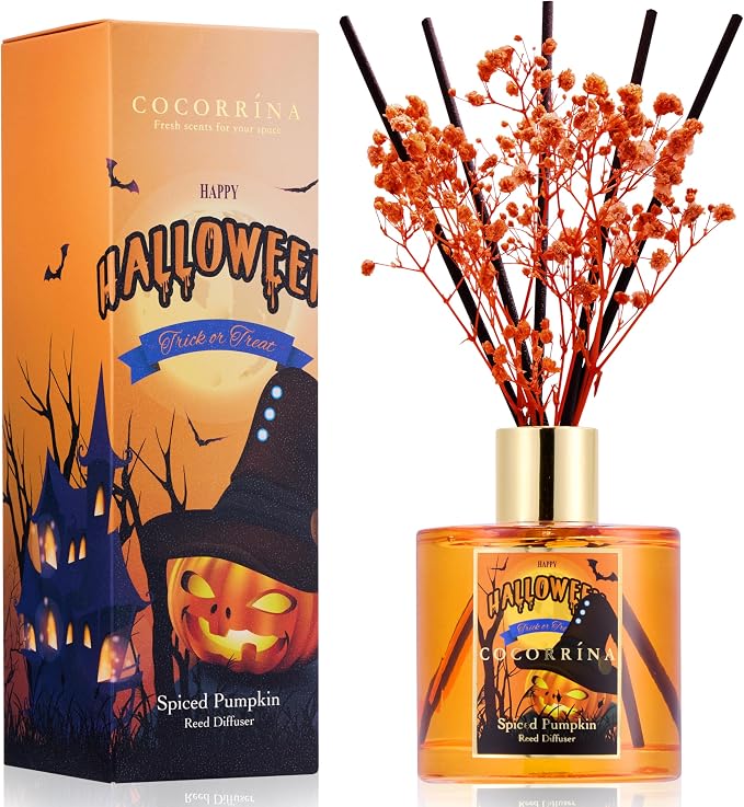 Reed Diffuser - Spiced Pumpkin 6.7 fl oz Scented Diffuser with 8 Sticks Home Fragrance Bathroom Shelf Decor (Halloween Collection)