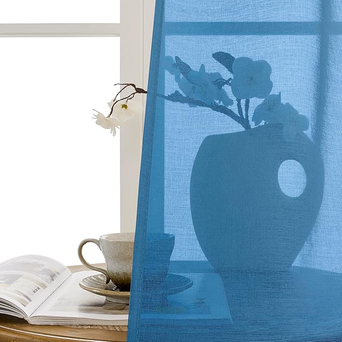 Tollpiz Sheer Door Curtain Closet Linen Textured Curtain Sheers Doorway Light Filtering Voile French Door Rod Pocket Curtains Patio Glass Door, 25 x 80 inches Long, Classic Blue, Set of 1 Panel