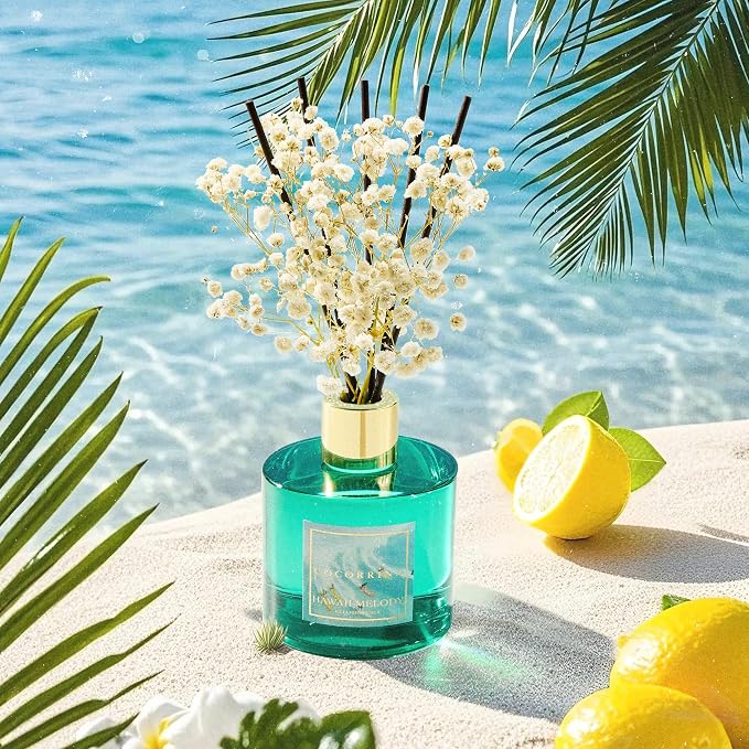 Reed Diffuser - Hawaii Melody 6.7 Fl.oz Reed Diffuser Set with 8 Sticks & Preserved Baby's Breath, Reed Diffuser for Home Bathroom Shelf Decor