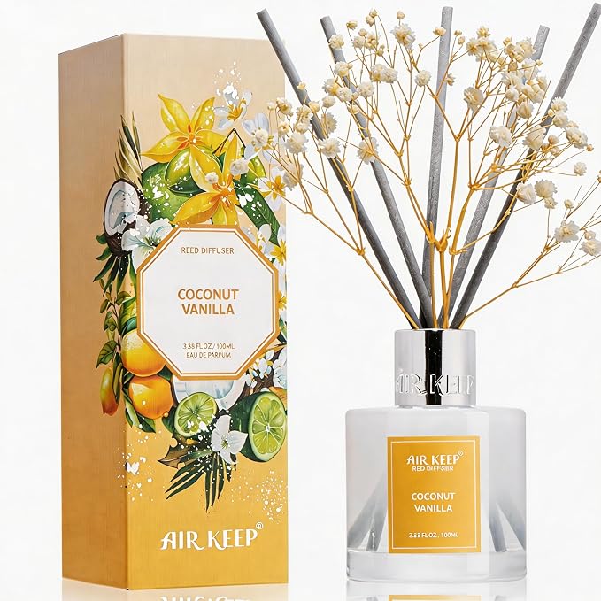 Reed Diffuser Set,3.38 fl oz (100 ml) - Coconut Vanilla Oil Diffusers with 8 Reed Sticks, Home Fragrance Reed Diffuser for Bathroom Shelf Decor