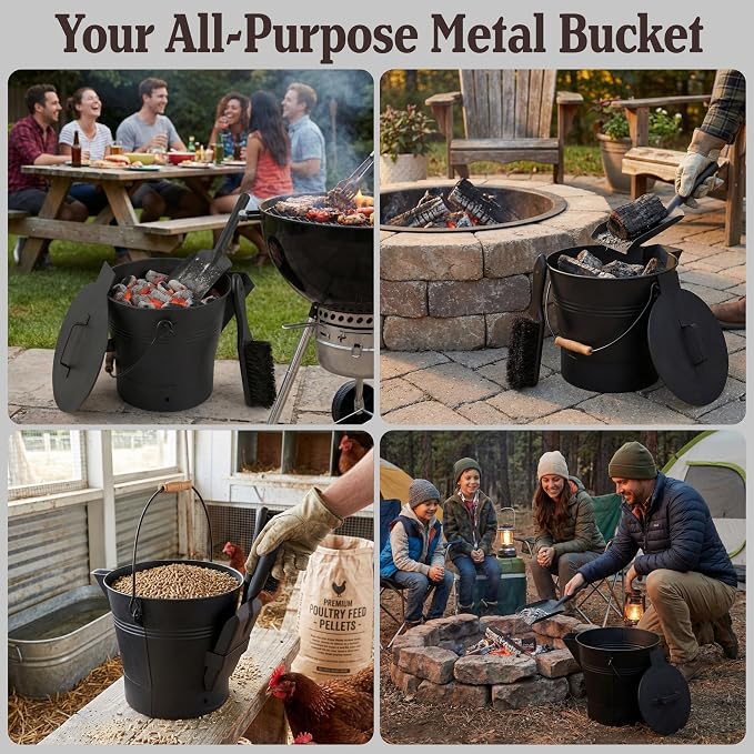 Pure Garden Ash Bucket with Lid, Broom, and Shovel, Black, 11”x12.2”x11” | 2.11-Gallon Metal Bucket for Fireplace or Firepit Ashes, Fireplace Tools