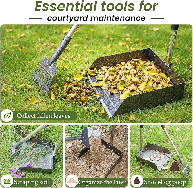 T2Y Dog Pooper Scooper for Multi-Dog Family, Long Handle Rake & Large Tray | 48" Tall No-Bend | 9.4'' Large Tray | Stainless Steel | Adjustable | Works on Grass, Gravel & Dirt | Easy to Install