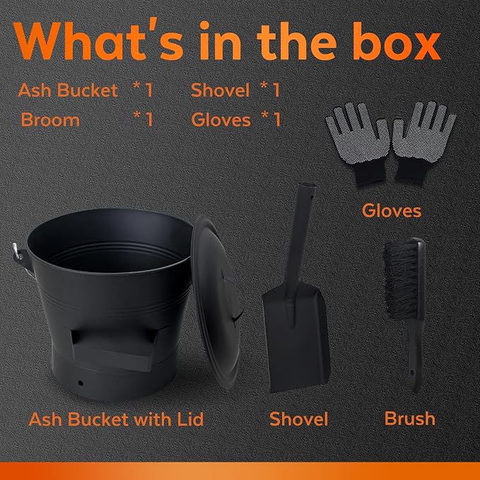 Ash Bucket with Lid and Shovel, 2.6 Gallon Metal Fireplace Ash Bucket with Broom, Complete Fireplace Tools Set for Wood Stove and Fireplace