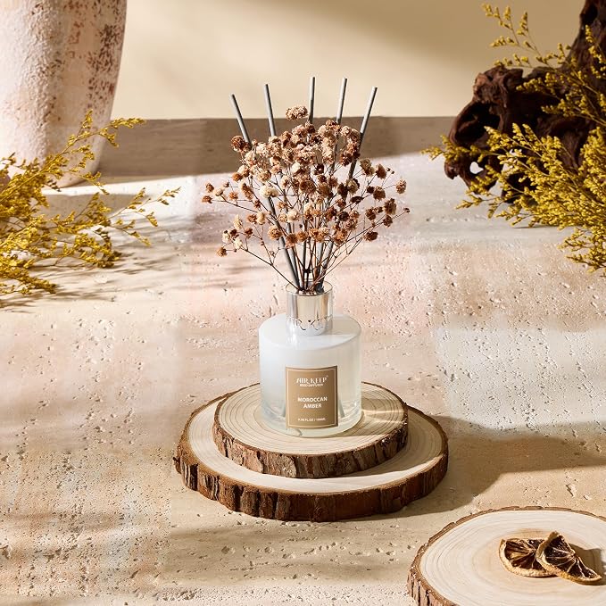 Reed Diffuser Set,3.38 fl oz (100 ml) - Moroccan Amber Oil Diffusers with 8 Reed Sticks, Home Fragrance Reed Diffuser for Bathroom Shelf Decor