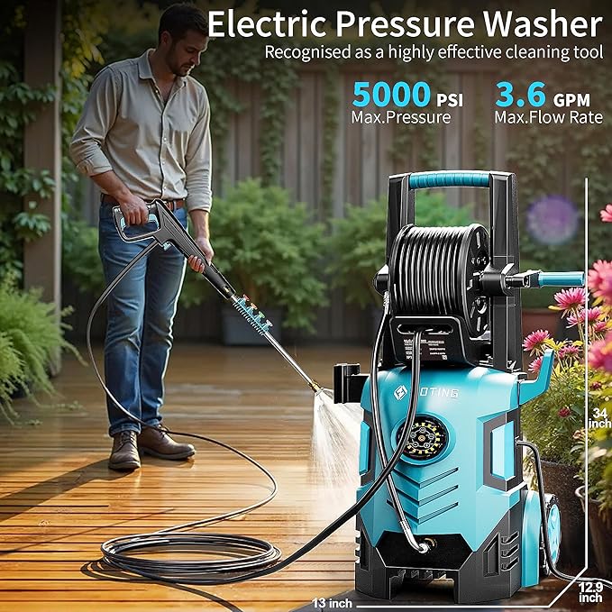 2026Upgraded Pressure Washer 5000PSI with Adj-8-Level Touch Screen, 34" Tall Power Washer, 4 Quick Connect Nozzles, Inlet Hose&Filter&500mlFoam Cannon for Cars/Fences/Driveways/Home Cleaning, Green