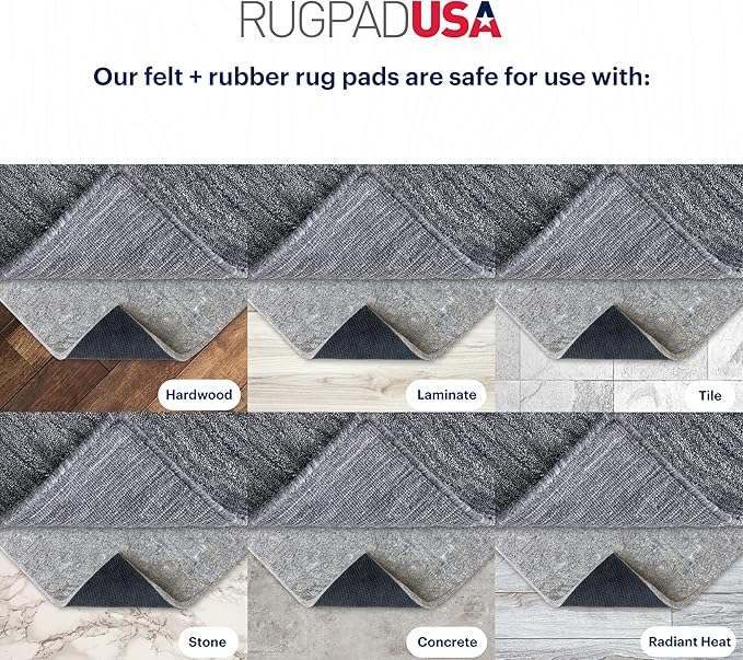 RUGPADUSA - Dual Surface - 8'x10' - 1/2" Thick - Felt + Rubber - Non-Slip Backing Rug Pad - Adds Comfort and Protection - for Hard Surface Floors