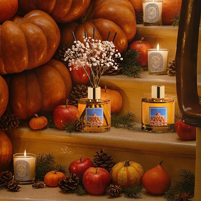 Reed Diffuser - Morton Pumpkin Harvest Reed Diffuser Set with 8 Sticks & Preserved Baby's Breath, Reed Diffuser for Home Bathroom Shelf Decor
