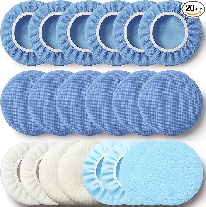 20 Pack Buffing Pads, Polishing Pad Covers, Microfiber & Wool for 9–10 Inch Buffer Polisher; Car Buffer Accessories for Car Detailing Kit; Wax, Polishing Compound & Polish Finishing, Durable Set