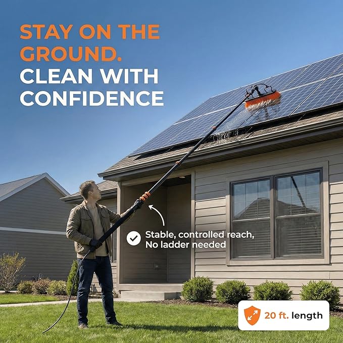 Briliantwerk Solar Panel Cleaning Brush 20 ft Extension Pole | Water Fed Pole Brush with Soap Dispenser for Solar Panels, Windows and Siding - Heavy Duty, Streak-Free Solar Cleaning Kit