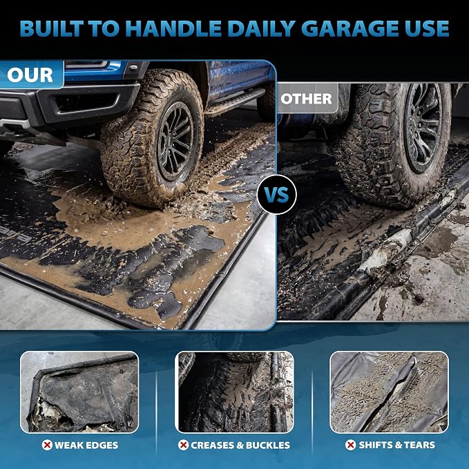8'6" x 20' Garage Floor Mat, 610GSM PVC Containment Mat for Cars | Heavy-Duty, 1.2in Raised Edges, Waterproof Garage Protection, Non-Slip Design, Easy Hose Clean, Kit with Squeegee