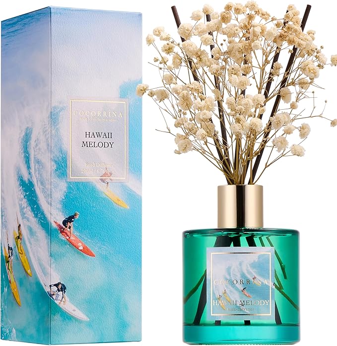Reed Diffuser - Hawaii Melody 6.7 Fl.oz Reed Diffuser Set with 8 Sticks & Preserved Baby's Breath, Reed Diffuser for Home Bathroom Shelf Decor