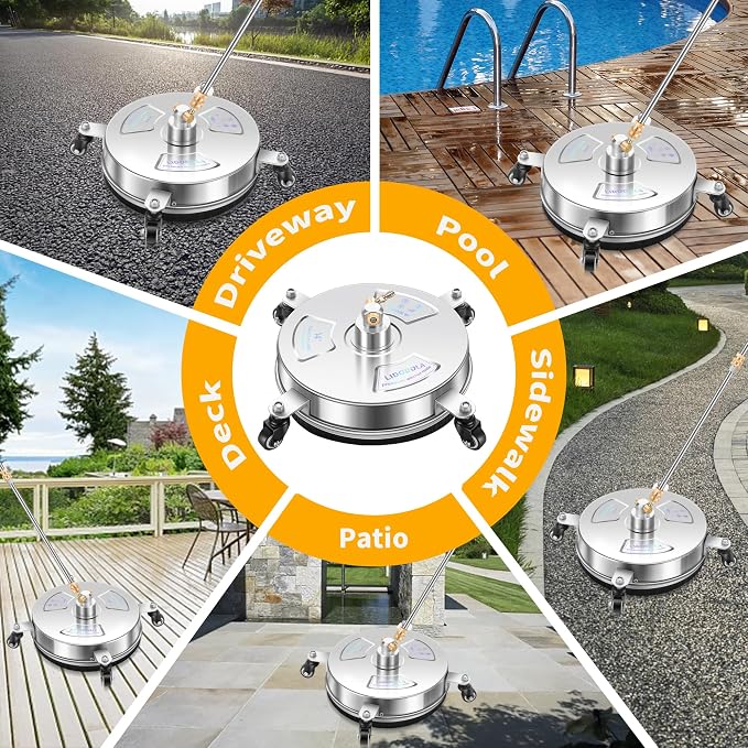 LidoDola 14'' Pressure Washer Surface Cleaner, Power Washer Accessory | Stainless Steel Housing with 4 Wheels, 1/4" QC, 2 Extension Wands & 2 Replacement Nozzles, for Gas & Electric Power Washer