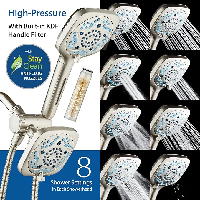 AquaCare 82-Mode High Pressure 6-way Combo with Filter & 2-mode Power Wash | Filters Chlorine & Toxins, Softens Hard Water for Healthy Skin & Hair. Handheld Shower Head Cleans Tub, Tile & Pets / Nickel