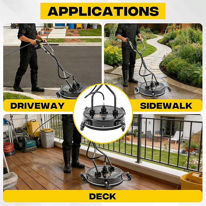 PWACCS 20" Pressure Washer Surface Cleaner with 4 Wheels and Dual Handle | Power Washer Driveway Attachment, For Concrete, Patio, Sidewalk, Deck, Black, 4500 PSI