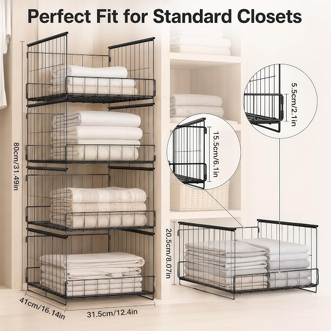 4-Tier Stackable Closet Organizer and Storage Shelves, Foldable Closet Shelf Organizer Storage Bins Closet Storage Organizer for Wardrobe Sweaters Accessories Bedroom Dorm RV Storage(Black)