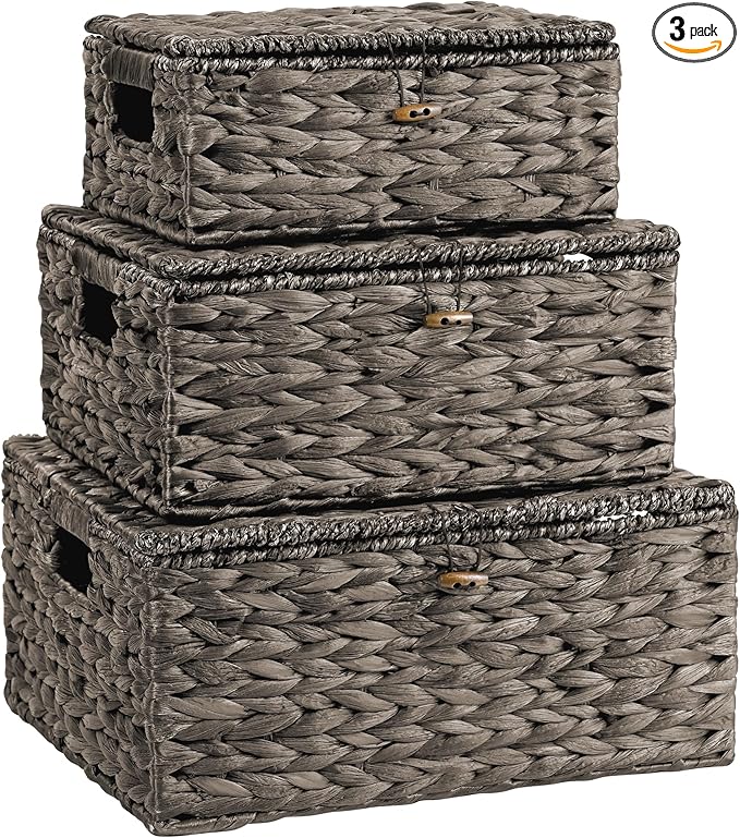 Wicker Storage Baskets with Lids and Handles, Hand Woven Rattan Storage Bins Box, Set 3 Black Water Hyacinth Decorative Large Small Basket Container for Shelves, Bathroom Organizing