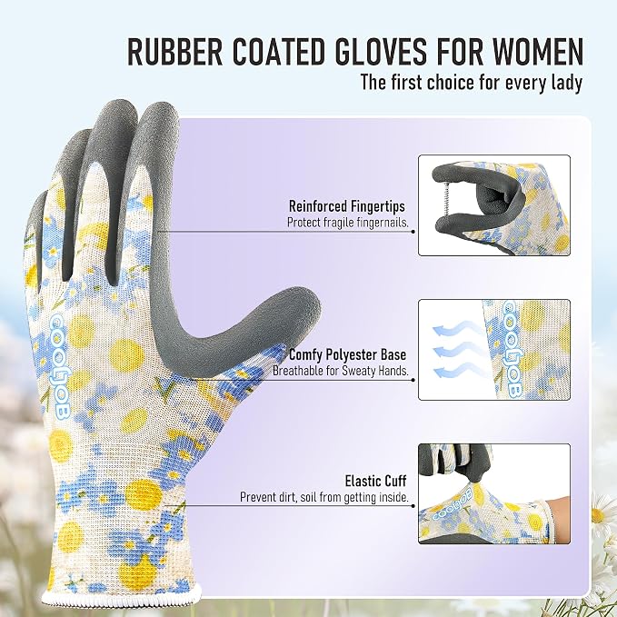 COOLJOB 6 Pairs Gardening Gloves for Women Ladies, Breathable Rubber Coated for Yard Garden, Outdoor Indoor Protective Work, Medium, Floral Pattern