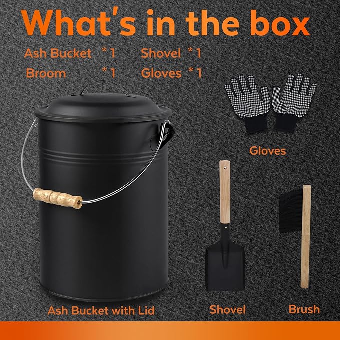Ash Bucket with Lid and Shovel, 2.5 Gallon Ash Bucket for Fireplace, Complete Fireplace Tools Set, Fireplace Bucket for Ashes for Wood Stove