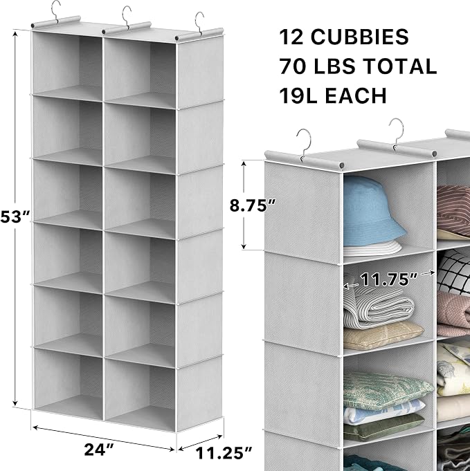 Simple Houseware 6 Shelf Double-Wide Hanging Closet Organizer, Gray | 12 Large Cubbies, 3 Metal Hooks, triple-rod framework