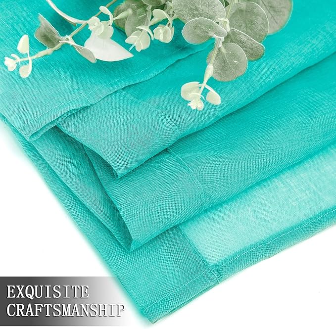 Tollpiz Sheer Tier Curtain Linen Textured Half Kitchen Curtains Sheer Light Filtering Rod Pocket Voile Small Curtains for Bathroom, 25 x 36 inches Long, Aqua Blue, Set of 2 Panels