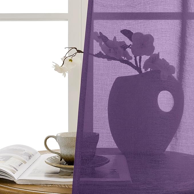 Tollpiz Small Sheer Door Curtain Closet Linen Textured Curtain Sheers Doorway Light Filtering Voile French Door Rod Pocket Curtains Patio Glass Door, 25 x 40 inches Long, Royal Purple, Set of 1 Panel
