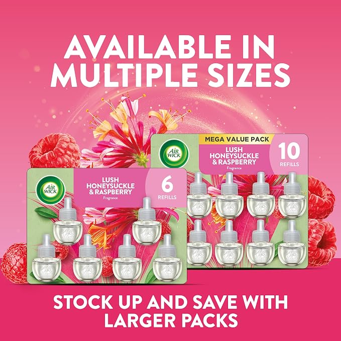 Air Wick Plug in Scented Oil Refills, 4 Count, Lush Honeysuckle and Raspberry, Air Freshener, Essential Oils, Eco Friendly