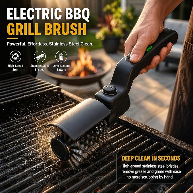 Upgraded Electric Grill Brush, Cordless Rechargeable Grill Cleaning Brush with Adjustable Angle, Stainless Steel Brush Head, 3-Speed Power, 90-Min Runtime, Waterproof Cleaner for BBQ Grates (Black)