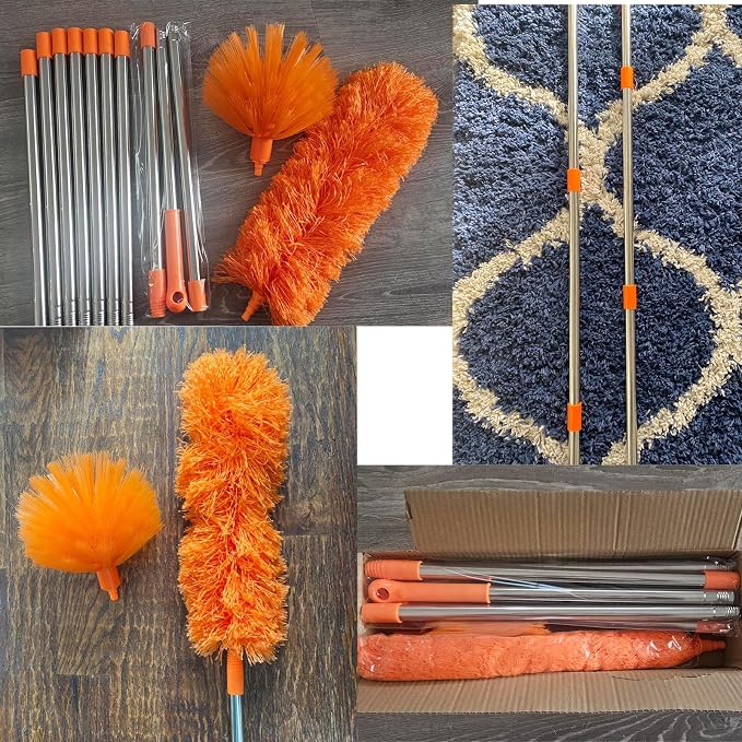 20 Feet High Reach Duster Kit with 2-14 ft Extension Pole, Cobweb & Corner Brush Cleaning Duster Kit for Cleaning, Microfiber Feather Duster Cleaner with Washable Head for Ceiling Fan, Furniture, Home